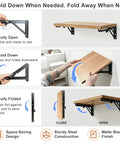 Rock Solid 16 Inch Folding Shelf Brackets Heavy Duty Steel Wall Mounts For Everyday Grind Drop Down Table Garage Kitchen Laundry Storage Solutions Black Two Pack in use showing folding function.
