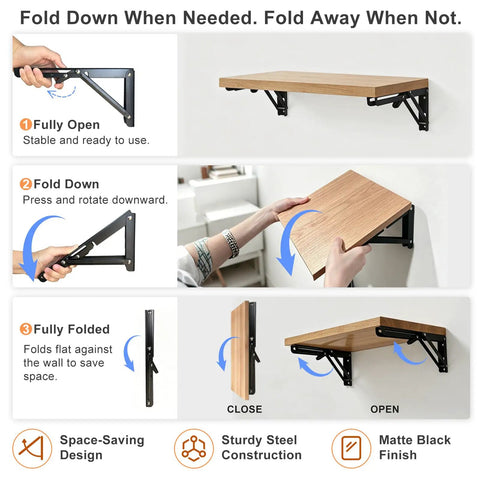 Rock Solid 16 Inch Folding Shelf Brackets Heavy Duty Steel Wall Mounts For Everyday Grind Drop Down Table Garage Kitchen Laundry Storage Solutions Black Two Pack in use showing folding function.