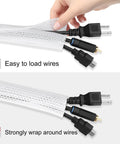 Close-up of Dog Proof Pet Resistant 25ft Cord Protector Sleeves, 1/2 Inch Thick Wire Cable Cover White easily loading wires.