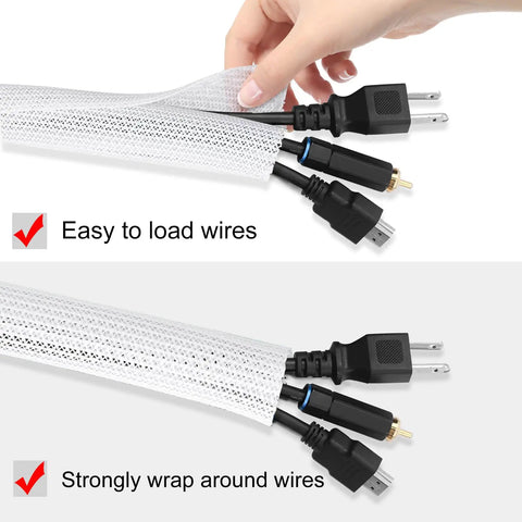 Close-up of Dog Proof Pet Resistant 25ft Cord Protector Sleeves, 1/2 Inch Thick Wire Cable Cover White easily loading wires.
