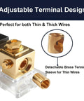 Close-up of Inline ANL Fuse Holder Kit For 0 2 4 Gauge Wire With Dual 150 Amp Fuses showing adjustable brass terminals.