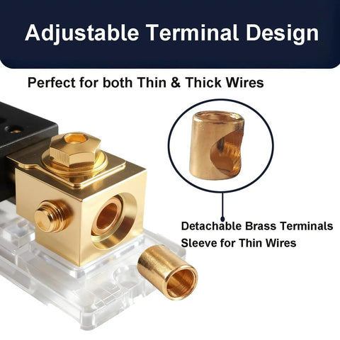 Close-up of Inline ANL Fuse Holder Kit For 0 2 4 Gauge Wire With Dual 150 Amp Fuses showing adjustable brass terminals.