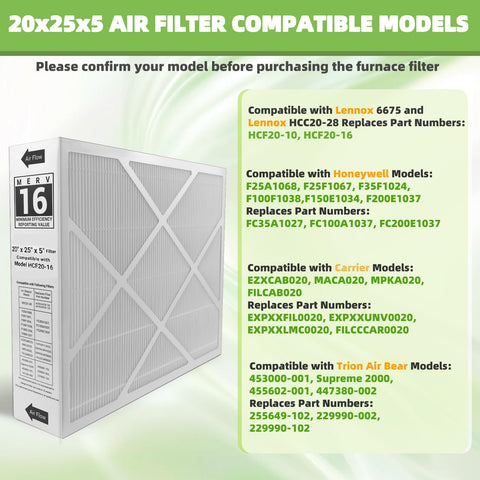 20x25x5 MERV 16 Activated Carbon Furnace Air Filter 2 Pack For Clean Indoor Air, Compatible With Lennox Healthy Climate Systems