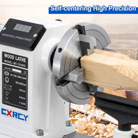 Close-up of Six Inch Four Jaw Self Centering Wood Lathe Chuck Kit with 1 by 8 TPI thread gripping a wooden piece