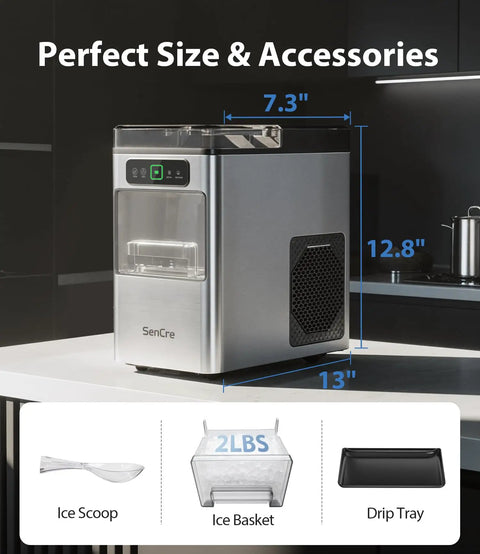 Dope Nugget Ice Maker 40 Lbs Per Day Countertop Ice Machine shown in silver with ice scoop, basket, and drip tray.
