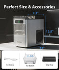 Countertop Nugget Ice Maker Drops Forty Pounds Daily, Serves Chewable Pellet Ice In Minutes, showing size and included accessories.