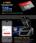 Dual 4K Front And Rear Dash Cam For Cars With Free 128GB Card shown with OTA update on mobile screen