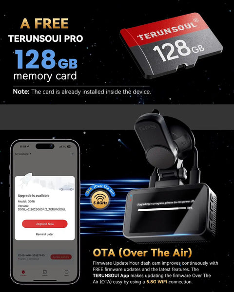 Dual 4K Front And Rear Dash Cam For Cars With Free 128GB Card shown with OTA update on mobile screen