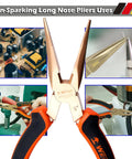 Non-sparking long nose pliers from No Spark 15 Piece Tool Set with beryllium copper for safe workspaces use.