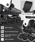 Close-up of black and white inline skates, showing durable metal frame, memory foam liner, and removable brake, size 4 to 13.