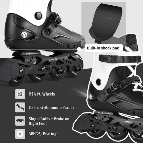Close-up of black and white inline skates, showing durable metal frame, memory foam liner, and removable brake, size 4 to 13.