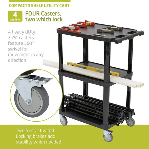 3 Tier Compact Utility Cart With Lockable Wheels Heavy Duty Plastic Organizer for office, kitchen, tools, holds up to 300 lbs