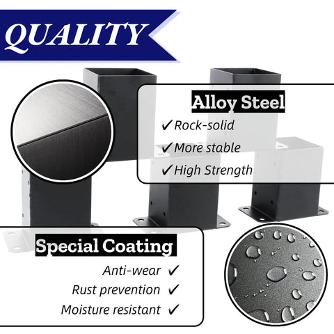 Railing Post Base 4x4 Real Size 3.5x3.5 5 Pack Black With Screws showing alloy steel and special coating features.