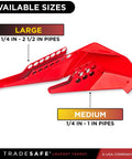 Two red ball valve lockout devices, large and medium sizes, showing multiple lockout holes for 1 1/4 to 2 1/2 inch pipes.