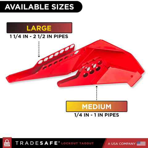 Two red ball valve lockout devices, large and medium sizes, showing multiple lockout holes for 1 1/4 to 2 1/2 inch pipes.