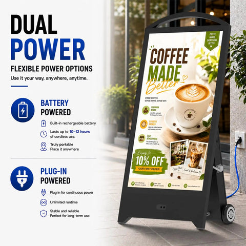 32 Inch Hella Bright Portable Outdoor Digital Signage Featuring 2000 Nits IP65 Waterproof Rugged LCD Display With 1200Wh Extended Run Time Battery showcasing dual power options.