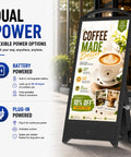 43 Inch Outdoor Portable Digital Signage Showing Hella Bright 2000 Nits 2K Android Lcd Monitor With Badass 1200 Wh Battery And Super Easy Split Screen Mode For Business Or Events, showcasing dual power options.