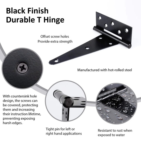 4 Pack 8 Inch T Strap Shed Door Hinges Heavy Duty With Screws For Wooden Fences Yard Gates Barn Doors And Patio Doors Black Powder Coated Rust Resistant Wrought Iron Look