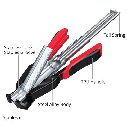 Manual Hog Ring Plier Kit 2500 Galvanized Steel Hog Rings, Auto Feed Hog Ring Gun, stainless steel and TPU handle close-up