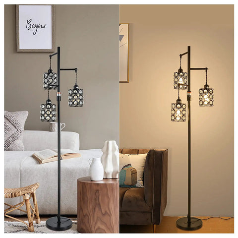 Vintage Farmhouse Floor Lamp With Three Light Tree Design, Industrial Crystal Glass Standing Lamp For Living Room Or Office, On Off Rotary Switch, 64 Inch E26 Base