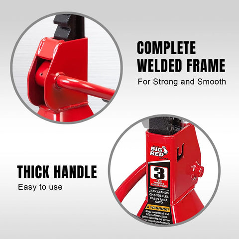 Front view of Big RED 3-ton jack stands, red, 2-pack with thick handle and welded frame
