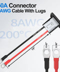 50 Amp Battery Quick Connect Disconnect Connector Kit For 6 To 12 Gauge Cables 12V Wire Harness Plug With Copper Pins For Car Winch And Trailer 2 Pack Easy Install Plug And Play Durable showing 8 AWG cable with lugs and 50A connector.