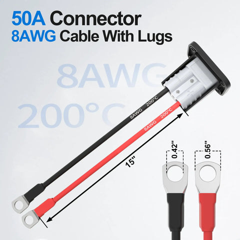 50 Amp Battery Quick Connect Disconnect Connector Kit For 6 To 12 Gauge Cables 12V Wire Harness Plug With Copper Pins For Car Winch And Trailer 2 Pack Easy Install Plug And Play Durable showing 8 AWG cable with lugs and 50A connector.