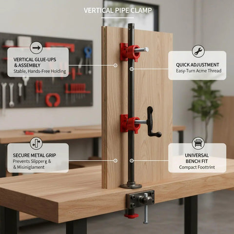 Get This Vertical Woodworking Clamp For Bench To Crush Glue-Ups And Assembly Like A Boss With Stable Metal Vise Holding Long Pieces Upright.