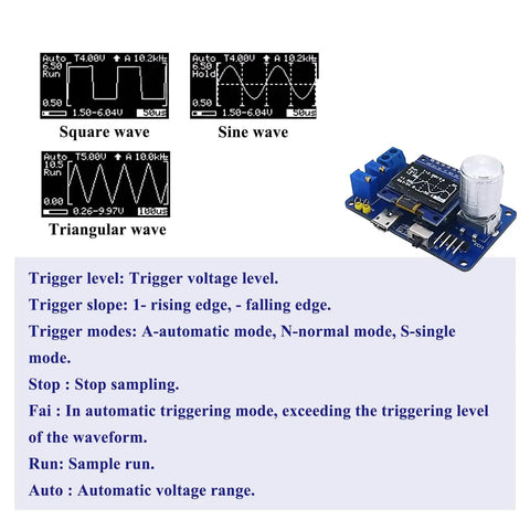 Mini Digital Oscilloscope Soldering Practice Kit showing real-time waveform display and components