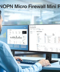 No Fuss Fanless Firewall Mini Pc Packed With Intel J3710 Chips And Four Rock Solid Gigabit Lan Ports MSATA SSD Slot And AES NI Encryption Built Right For Network Gateway in an office setting with dual monitors.