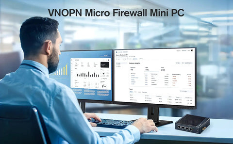 No Fuss Fanless Firewall Mini Pc Packed With Intel J3710 Chips And Four Rock Solid Gigabit Lan Ports MSATA SSD Slot And AES NI Encryption Built Right For Network Gateway in an office setting with dual monitors.
