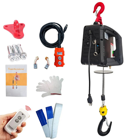 All In One 3 In 1 Electric Portable Hoist Winch 1500W Heavy Duty Lift with remote, hooks, straps, and manual shown