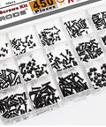 Heavy Duty 450 Pc Assorted Fastener Pack M2 M2.5 M3 Screw Kit For Laptop Repair and Hard Drive Swap, assorted black screws in storage box.