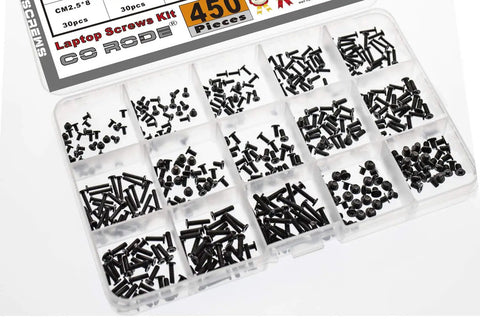 Heavy Duty 450 Pc Assorted Fastener Pack M2 M2.5 M3 Screw Kit For Laptop Repair and Hard Drive Swap, assorted black screws in storage box.