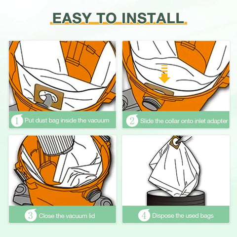 Installation steps for 10 Pack 10-14 Gallon Vacuum Bags for Wet Dry Vacuums, Disposable Collection Bags Compatible With Type I 90672 9067200.