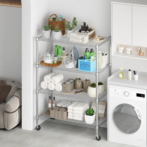 Dang Solid Four Tier Heavy Duty Metal Wire Shelving Unit With Ready To Roll Casters And Super Adjustable Heights For Garage Workshop And Home Tool Storage Rack filled with baskets and towels in a modern laundry room.