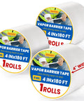 Heavy Duty Vapor Barrier Tape, Three Rolls Of Four Inches By One Hundred Eighty Feet, waterproof seam sealer packaging display.