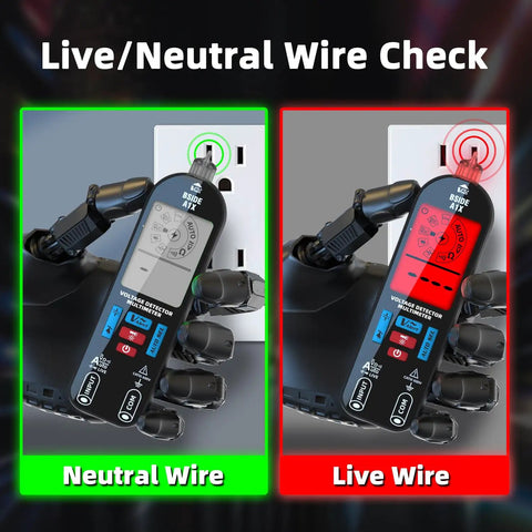 Rechargeable Digital Multimeter Tester With Smart Mode And Red Green Backlight showing live and neutral wire check