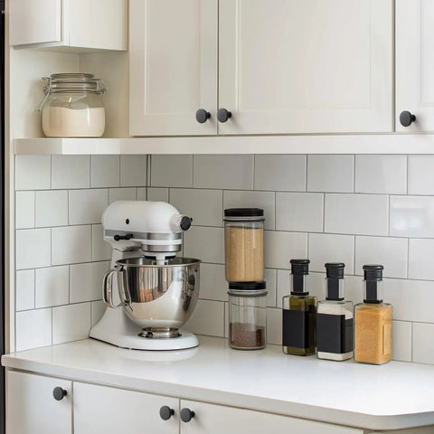 30 Pack Matte Black Cabinet Knobs And Drawer Pulls, Solid Zinc Alloy, 1.18 Inch Top Diameter, 0.5 Inch Base, 0.86 Inch Height, For Cabinets, Dressers And Closets, Durable Modern Hardware To Upgrade Your Cabinet Look on white kitchen cabinets