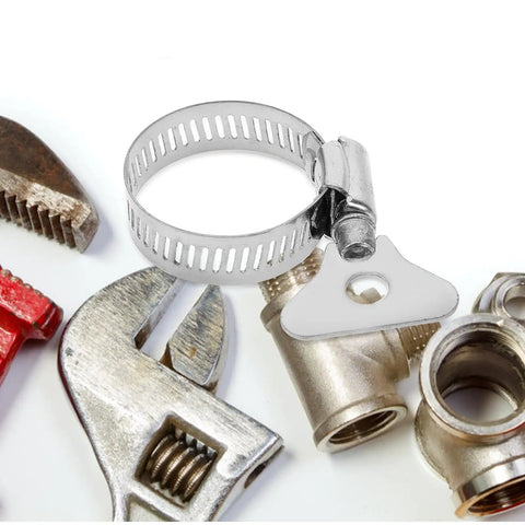 Top Notch 10 Pc Stainless Steel Hose Clamp Kit For Plumbing And Tubes With Worm Drive Secure Install Fixing Water Fuel Lines Quick Release Heavy Duty Gear, silver clamp close-up