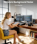 Woman using Heavy Duty Acoustic Sound Absorbing Honeycomb Wall Panels at a home studio desk with dual monitors.