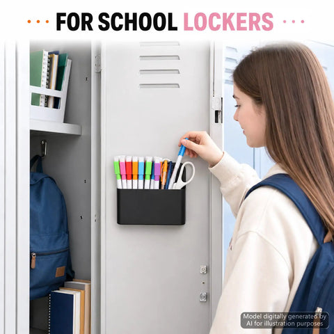 Person using 6 Pack Magnetic Pen Holder Set For Whiteboards And Fridges, Dry Erase Marker Caddies in locker