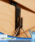 Black Slatwall Notch Hook with chain in retail display setup for hanging photos and plaques