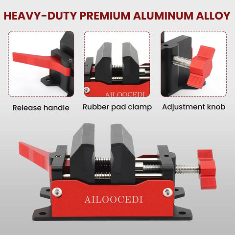 Instant Release Golf Club Vise Clamp For Aluminum Table Vise Woodworking Rubber Clamp Secure Hold With Quick Release Shaft Removal Tool And Easy Grip Adjustments showing release handle, rubber pad clamp, adjustment knob in heavy-duty premium aluminum alloy.