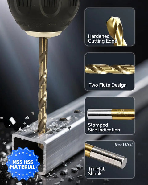 M35 Cobalt Drill Bit Set For Hardened Metal And Stainless Steel, showing tri-flat shank and two-flute design in use