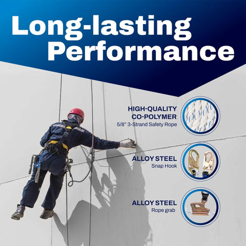 Tough As Nails 50Ft Vertical Lifeline Assembly With Auto Lock Rope Grab And Heavy Duty Safety Lanyard For Rough Job Site Fall Protection Gear Zero Issues, worker using high-quality 3-strand safety rope.