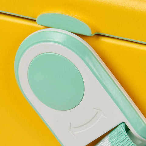 Close-up of lock detail on yellow Strapped Picnic Style 11 Quart Cooler with Adjustable Crossbody Strap For Hands Free Carry