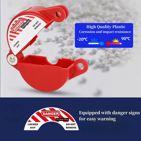 Workhorse Gate Valve Lockout Device With Outdoor Faucet Lock showing danger sign and temperature resistance features