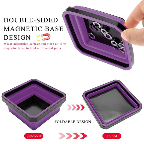 Collapsible Magnetic Parts Tray For DIYers Must Have 4.5 Inch Square Silicone Tool Tray With Dual Sided Magnetic Base Purple