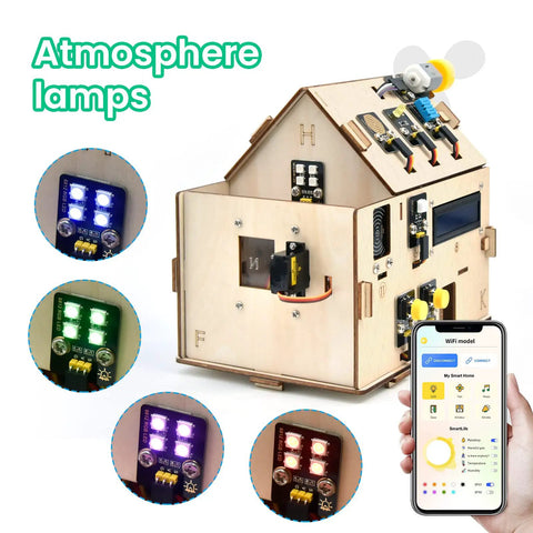 Atmosphere lamps in ESP32 Smart Home Starter Kit for Arduino & Python, featuring wooden house sensor and smartphone app control.